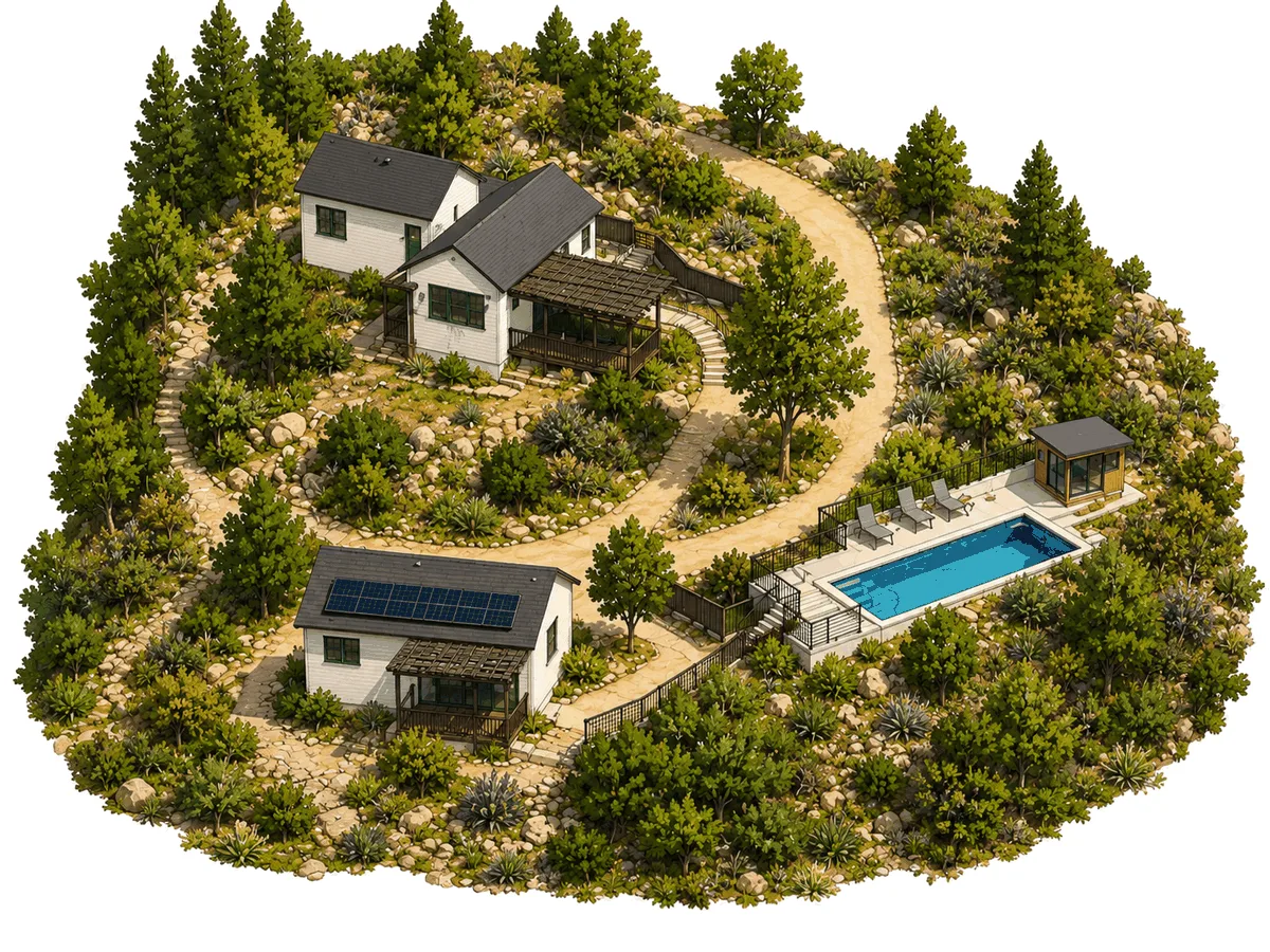 A pair of cabins in Sonoma County, the kind of tax-smart vacation home an owner might buy before a liquidity event.